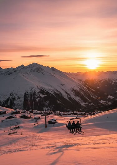 Golden sunset over La Plagne mountains with vibrant sky and snowy peaks.