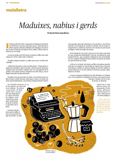 article page of a magazine showing an illustration with a typewriter and coffee