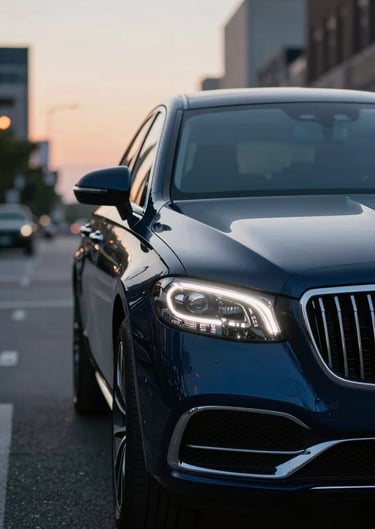 A cinematic shot from a music video featuring a luxury vehicle in a North American / US urban setting at dusk, with soft white and navy light reflections.