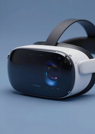 Detail shot of a minimalist VR headset with glowing UI reflections on the lens, conveying a high-tech spatial OS design. Colors: #2D3A4B and #E6EFF5.