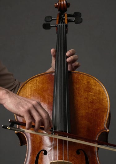 Hands playing a cello, rich wood textures in deep espresso and muted clay, focused and professional composition.