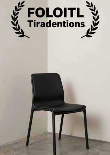 A quiet architectural corner with a single modernist chair, soft off-white walls, carbon black frame, editorial lighting.