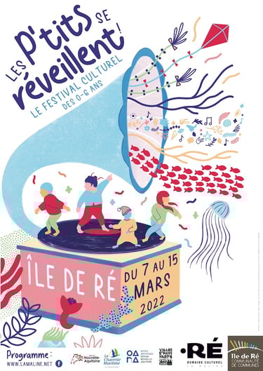 affiche illustrée représentant des enfants qui dansent sur un phonogramme d'où s'échappent des poissons et des notes de musiq