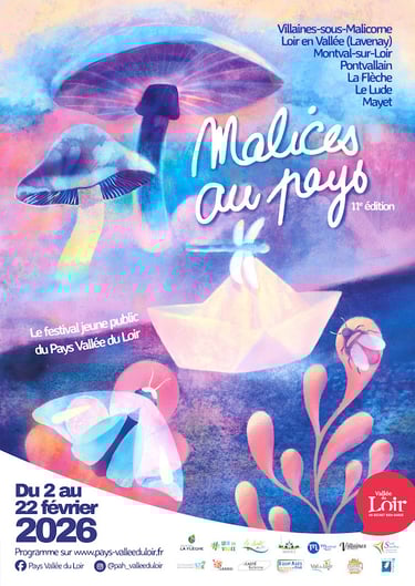 affiche du festival représentant une libellule sur un bateau en papier sur fond de champignons