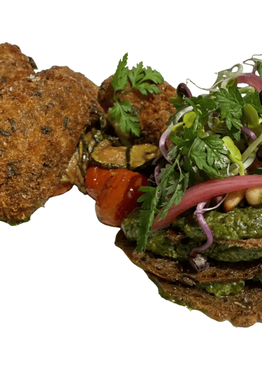 Bufala panée et mille feuilles de bruscheta au pesto