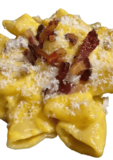 PÂTES PACCHERI, JAUNE D'OEUF, LARD GUANCIALE, PARMESAN, PECORINO, PAS DE CRÈME