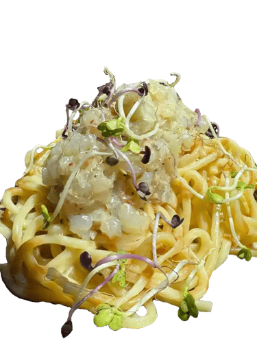 Spaghetti au tartare de crevettes et sa bisque maison