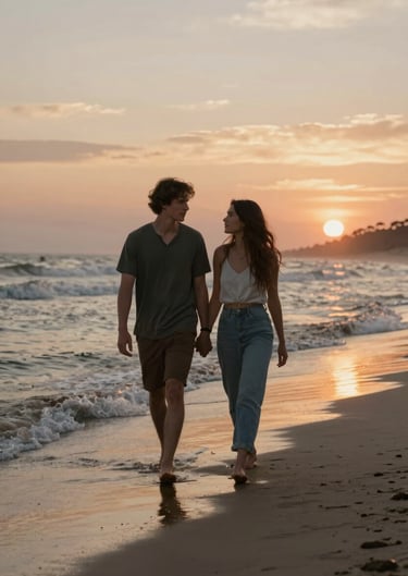 A cinematic shot of a young couple walking on a North American / US beach at sunset, charcoal colored water reflections and soft sand shore.
