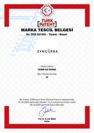 Zyncopra® marka tescil belgesi, Türk Patent, sınıf 35