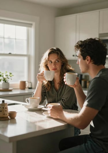 A lifestyle shot of a couple sharing coffee in a sunlit kitchen, authentic morning light in a North American home.