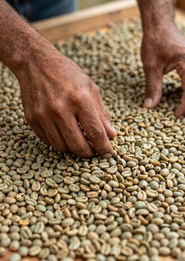Close-up of a person with a South American / Latin complexion raking green coffee beans on a wooden drying platform. The focus is on the movement and the texture of the beans.