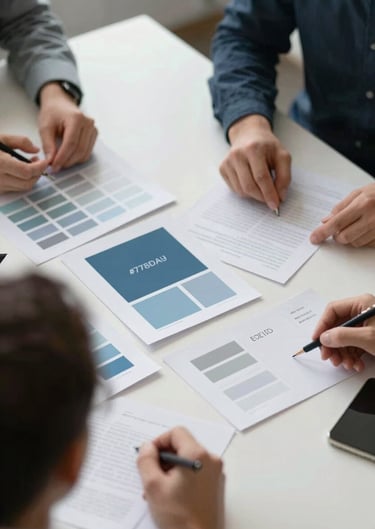 An overhead view of a brand strategy session, with color swatches and mood boards featuring #778DA9 and #E0E1DD. The atmosphere is collaborative and professional.