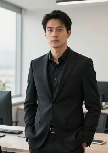 A male professional in a modern North American / European office setting, natural light, clean lines, midnight black and bright off-white color palette.