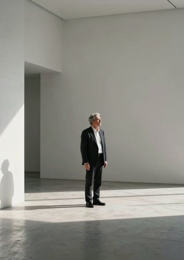 A candid moment in a minimalist architectural space with natural light and soft shadows in white and gray. International / Professional.
