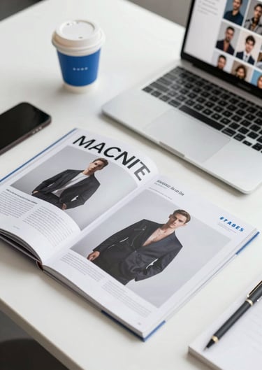 Top-down view of an office desk with high-end fashion magazines, a laptop displaying talent profiles, and a designer coffee cup, featuring #74A8AE accents.