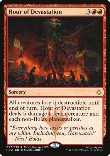 Magic: The Gathering card Hour of Devastation featuring Nicol Bolas in a fiery red landscape.