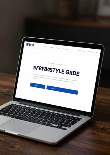 A laptop on a dark wooden desk showing a brand style guide document. The lighting is focused and professional, highlighting #F8F8F4 and #0F1E2E.