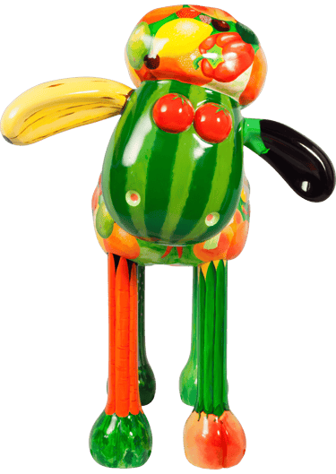 A large street sculpture of Shaun the Sheep painted with fruit and veg by Laura Fearn