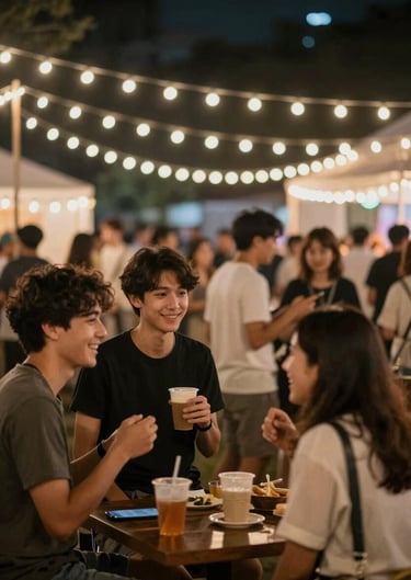 Vibrant night shot of an outdoor event, fairy lights, people interacting, friendly and human-centric atmosphere using #403B3B and #F2F1ED.