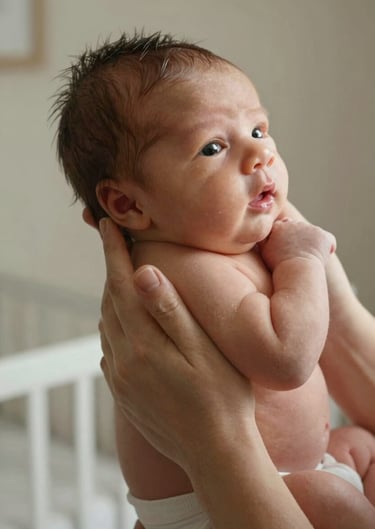 Detailed shot of hands holding a newborn baby in a warm, cinematic North American nursery. Authentic lifestyle photography, soft lighting, natural colors.