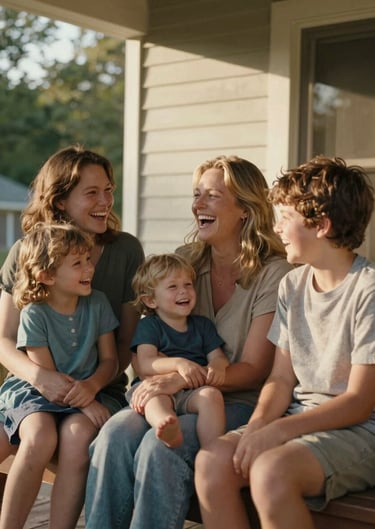 Cinematic portrait of a family laughing together on their North American front porch. The lighting is warm and sun-drenched, emphasizing genuine connections.