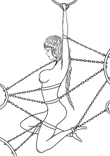 Ilustración "Kotetsu" del libro Shibari Exquisito de Óscar Ocaña Parrón, una mujer inmovilizada con cadenas y suspendida