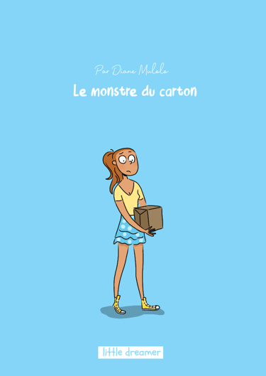 Le monstre du carton. A woman holding a box in front of a blue sky. Cover book. Diane Mulolo Faida