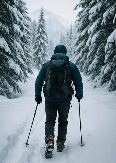 Winter hiker trekking through snowy forest trail with poles and gear