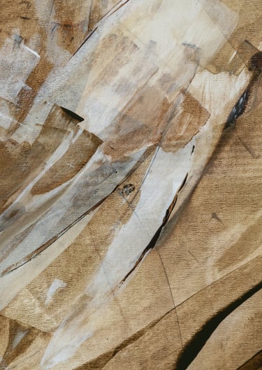 Abstract oil painting texture with expressive brown and white brushstrokes on a textured canvas.