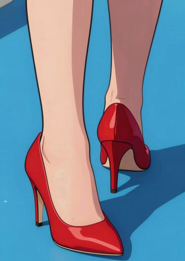 Close up on a pair of red #D4202B high heels, walking on a blue #0050B3 floor, pop art flat color style, thick black outlines, dramatic perspective.