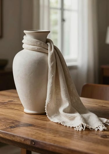Editorial style photograph of a classic sculptural ceramic vase and a delicate linen scarf draped over a warm sand-colored wooden table. Elegant interior design, soft diffuse window light in a Brazilian home.