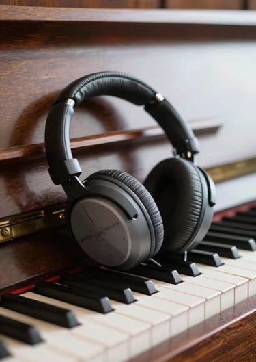Close-up of a pair of headphones resting on a wooden piano bench, soft natural light, warm stone grey and muted rosy brown, North American / US music room.