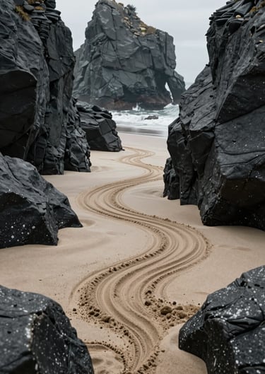 Cinematic shot of deep charcoal grey sea stacks rising from a soft sand beach, with intricate sand art patterns winding between the rocks.
