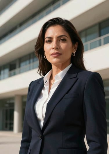 A confident professional portrait of a Mexican / Latin American woman in dark business attire, looking directly at the camera in a modern architectural building with crisp lines and bright daylight.