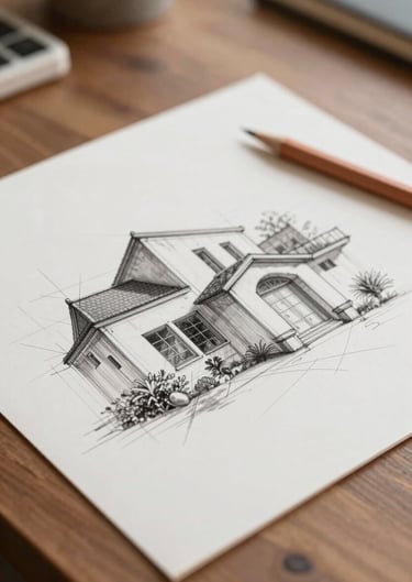 A refined architectural sketch on a mahogany table, terracotta pencil nearby, soft natural light #BC6C47 #7C4E3A