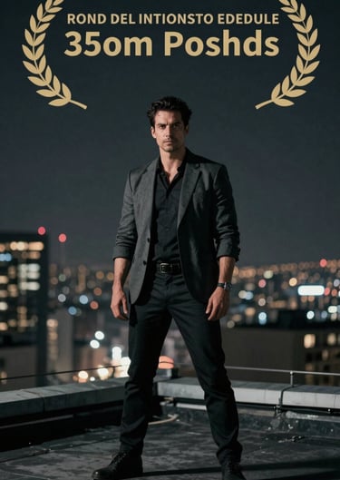 Cinematic wide shot of a man standing on a rooftop at night, city lights blurred in Charcoal Grey, powerful posture.