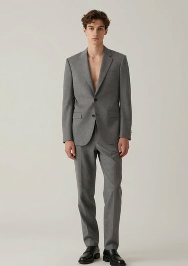 Wide shot of a minimalist fashion studio with a model in a sophisticated grey suit, neutral color palette, refined elegance.