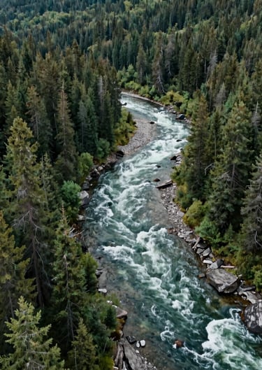 A cinematic aerial view of a winding river flowing through a deep green coniferous forest, North American wilderness, sharp detail and natural green tones.