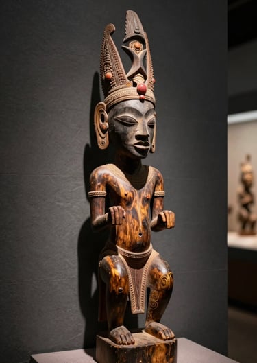 A close-up of a traditional Angolana wooden sculpture displayed in a museum gallery, spotlighted with dark gold light against a dark slate grey wall.