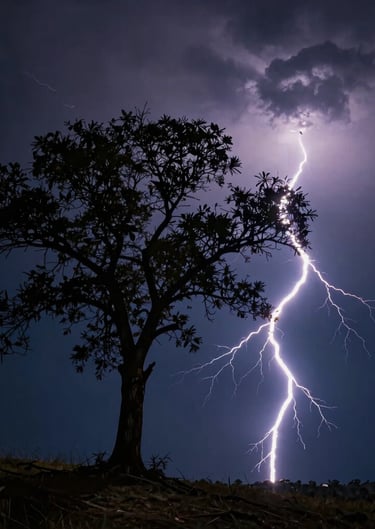 A detailed shot of a single bolt of lightning hitting a lone tree on a hilltop, dramatic contrast, midnight navy backdrop, International / Western.