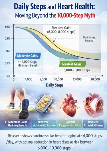 Scientific infographic showing the relationship between daily step count and cardiovascular health, 