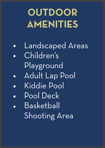 List of outdoor amenities including landscaped areas, playground, lap pool, and basketball court.