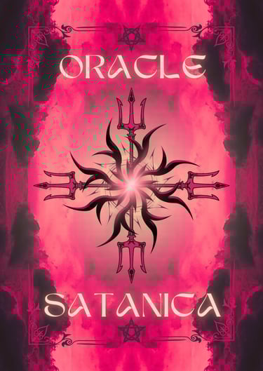 Oracle Satanica occult art featuring a demonic sigil with tridents over a pink cloudy background.