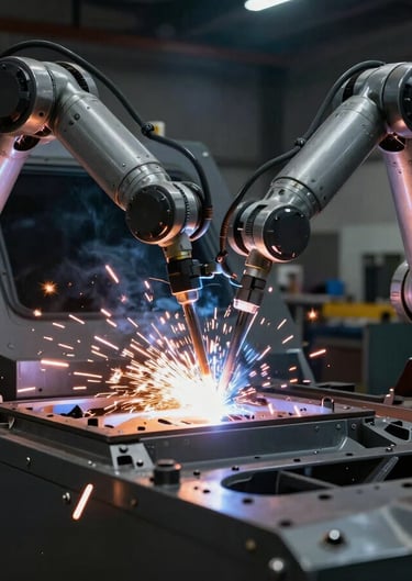 Dramatic low-key shot of a robotic welding arm creating sparks on an armored vehicle chassis, high contrast, industrial editorial