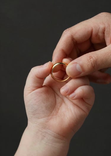An infant's tiny hand holding a golden parent's ring. Dark charcoal background with dramatic spotlighting. Premium fine art photography style.