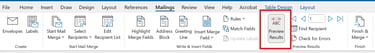 screenshot of Mailings ribbon with the Preview Results button selected