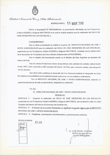 Auspicio Instituto Nacional de Cine y Artes Audiovisuales
