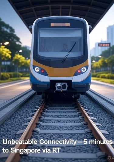Modern train at a station with the text Unbeatable Connectivity – 5 minutes to Singapore via RTS.