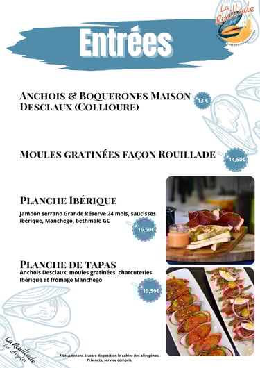 Menu du restaurant La Rouillade : planches à partager, entrées maison, produits locaux et spécialité