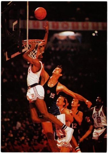 1968 Olympics Final Game Postcard with Jo Jo White & Spencer Haywood Team USA German Youth Hostile